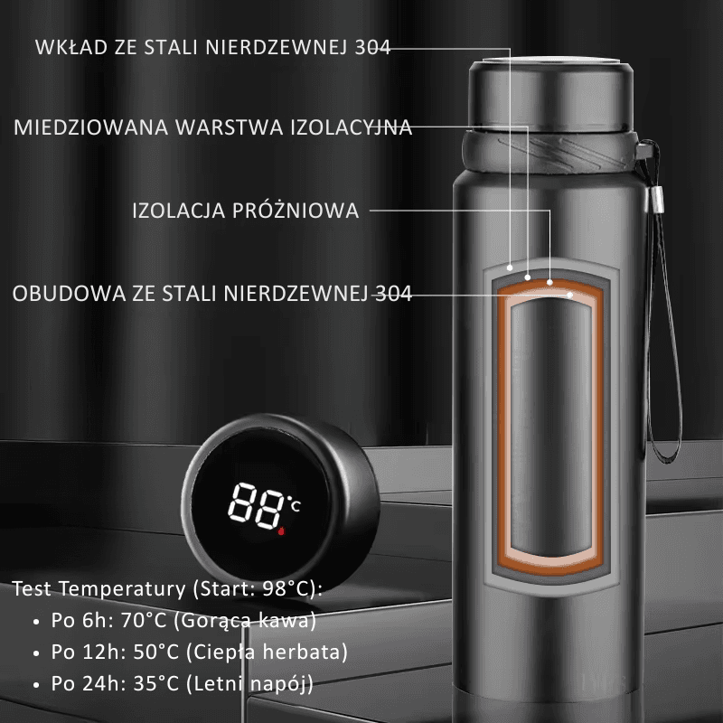 Inteligentny termos z wyświetlaczem temperatury. Jeden dotyk. Zero zgadywania.